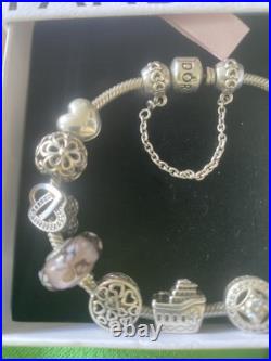 Pandora Sterling Silver Bracelet with Authentic Pandora Charms with Box 18cm