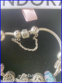Pandora Sterling Silver Bracelet with Authentic Pandora Charms with Box 18cm