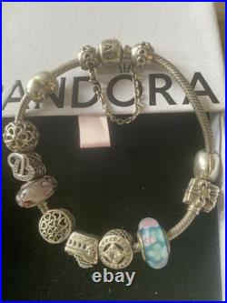 Pandora Sterling Silver Bracelet with Authentic Pandora Charms with Box 18cm