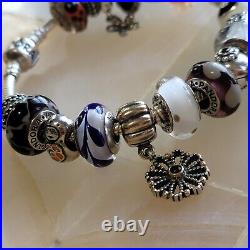 Pandora Sterling Silver Charm Bracelet Signed Retired. 925 ALE 17 Charms Rare