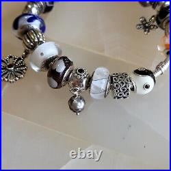 Pandora Sterling Silver Charm Bracelet Signed Retired. 925 ALE 17 Charms Rare