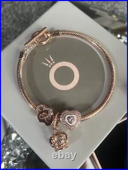 Pandora T-Bar Snake Chain 14ct Rose Gold Bracelet Complete With 3 Charms New Box