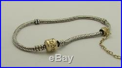 Pandora Two Tone 14K. 925 Sterling Silver Women's Charm Bracelet 8' safety chain