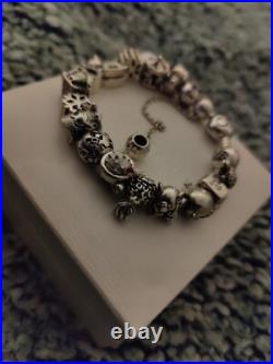 Pandora bracelet with 19 charms and Safety Chain 925 silver