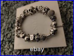 Pandora bracelet with 19 charms and Safety Chain 925 silver