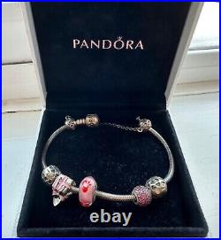 Pandora braclet with charms and safety chain