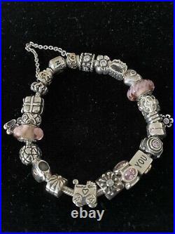 Pandora charm bracelet With Charms and Safety Chain. With Box