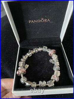 Pandora charm bracelet With Charms and Safety Chain. With Box