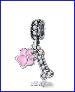 Pink Paw Print Bone Pet Dog Cat Cz Pendant Charm For Bracelets Silver Plated