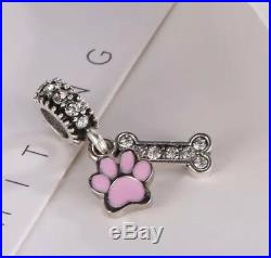 Pink Paw Print Bone Pet Dog Cat Cz Pendant Charm For Bracelets Silver Plated
