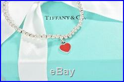 Please Return Tiffany & Co Silver Red Enamel Heart Charm Bead Bracelet 7.25