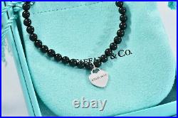 Please Return To Tiffany & Co Silver Heart Charm Black Onyx Bead Bracelet 7
