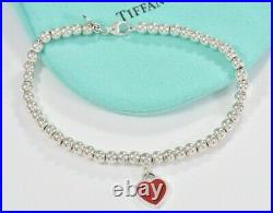 Please Return To Tiffany & Co Silver Red Enamel Heart Charm Bead Bracelet 7