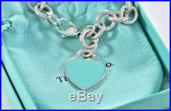 Please Return to Tiffany & Co Silver Blue Enamel Heart Charm 7.5 Bracelet RARE
