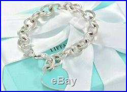 Please Return to Tiffany & Co Silver Blue Enamel Heart Charm 7.5 Bracelet RARE