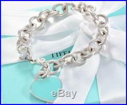 Please Return to Tiffany & Co Silver Blue Enamel Heart Charm 8 XL Bracelet RARE