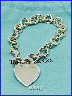 Please Return to Tiffany & Co Sterling Silver Heart Tag Charm Bracelet 7.5 Pouch