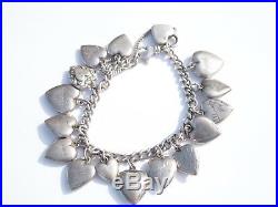 Puffy Heart Sterling Silver Charm Bracelet Vintage Enamel Hearts Dated 1930- 40s