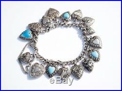 Puffy Heart Sterling Silver Charm Bracelet Vintage Enamel Hearts Dated 1930- 40s