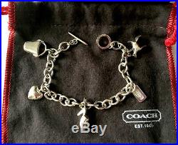 RARE COACH STERLING SILVER CHARM BRACELET with DOG, TAG, SHOE, HEART, PURSE