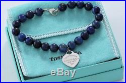 RARE Please Return to Tiffany & Co Silver Heart Charm Lapis Beaded 7.5 Bracelet