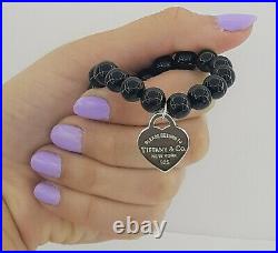 RETURN To TIFFANY & CO. Sterling Silver Heart Tag Onyx Beads Charm Bracelet 7