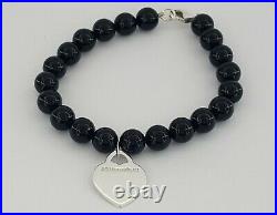 RETURN To TIFFANY & CO. Sterling Silver Heart Tag Onyx Beads Charm Bracelet 7