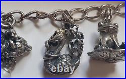 Rare 1980Franklin Mint Sterling 925 Charm Bracelet Animal Owl Frog Deer Lion