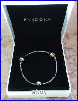 Rare Genuine Pandora Silver & 14ct Gold Oxidised Bracelet 590702OG + Clip charms