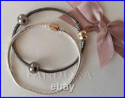 Rare Genuine Pandora Silver & 14ct Gold Oxidised Bracelet 590702OG + Clip charms