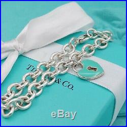 Rare Genuine Tiffany & Co Large Silver Blue Enamel Heart Charm Pendant Bracelet