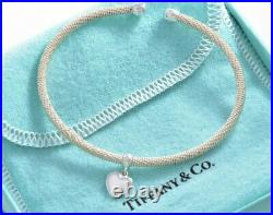 Rare Tiffany & Co Silver Dangling Heart Charm Mesh Cuff Bracelet +Pouch Flexible