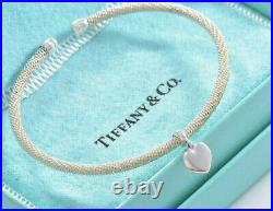 Rare Tiffany & Co Silver Dangling Heart Charm Mesh Cuff Bracelet +Pouch Flexible