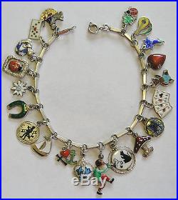 Rare Vintage Antique German Silver Enamel Lucky Charm Bracelet 20 Charms 7.25