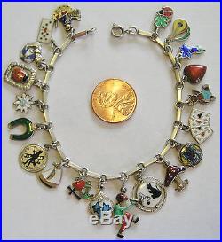 Rare Vintage Antique German Silver Enamel Lucky Charm Bracelet 20 Charms 7.25