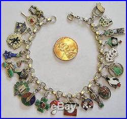 Rare Vintage Antique German Silver Enamel Lucky Charm Bracelet 22 Charms 7.25