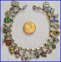 Rare Vintage Antique German Silver Enamel Lucky Charm Bracelet 23 Charms 7.75