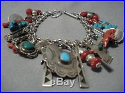 Rare Vintage Navajo Turquoise Coral Sterling Silver Charm Bracelet Old Native