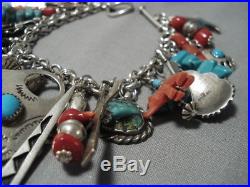 Rare Vintage Navajo Turquoise Coral Sterling Silver Charm Bracelet Old Native