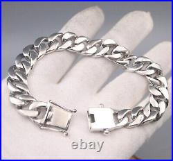 Real 925 Sterling Silver Chain Men 12mm Smooth Cuban Curb Link Bracelet 66g