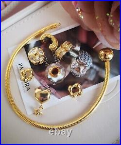 Real Pandora 14k Gold Snake Chain Bracelet 18cm Includes 8 Charms