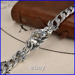 Real Solid 925 Sterling Silver Chain Pixiu Pattern Cuban Curb Link Bracelet 50g