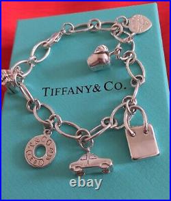 Real Sterling Silver 925 Tiffany And Co Bracelet With 6 Charms, Pouch And Box