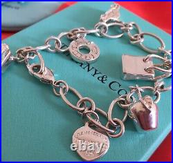 Real Sterling Silver 925 Tiffany And Co Bracelet With 6 Charms, Pouch And Box