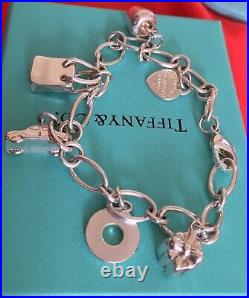 Real Sterling Silver 925 Tiffany And Co Bracelet With 6 Charms, Pouch And Box