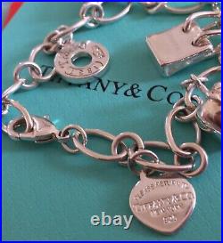 Real Sterling Silver 925 Tiffany And Co Bracelet With 6 Charms, Pouch And Box