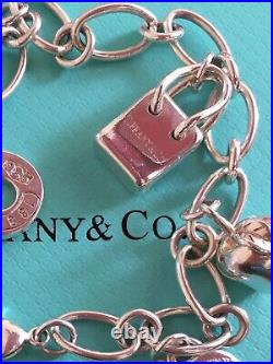 Real Sterling Silver 925 Tiffany And Co Bracelet With 6 Charms, Pouch And Box