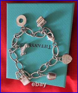 Real Sterling Silver 925 Tiffany And Co Bracelet With 6 Charms, Pouch And Box