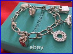 Real Sterling Silver 925 Tiffany And Co Bracelet With 6 Charms, Pouch And Box