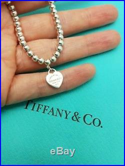 Return To Tiffany & Co Silver 4mm Bead 7 Bracelet with Green Heart Tag Charm